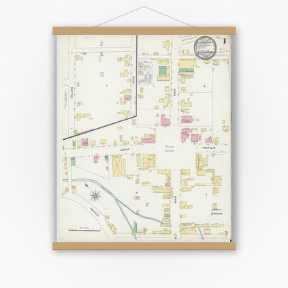 Old map wall art mockup — magnetic wood frame on white wall — Sanborn Fire Insurance Map from Christiansburg, Montgomery County, Virginia (1896) - Complete Map Set