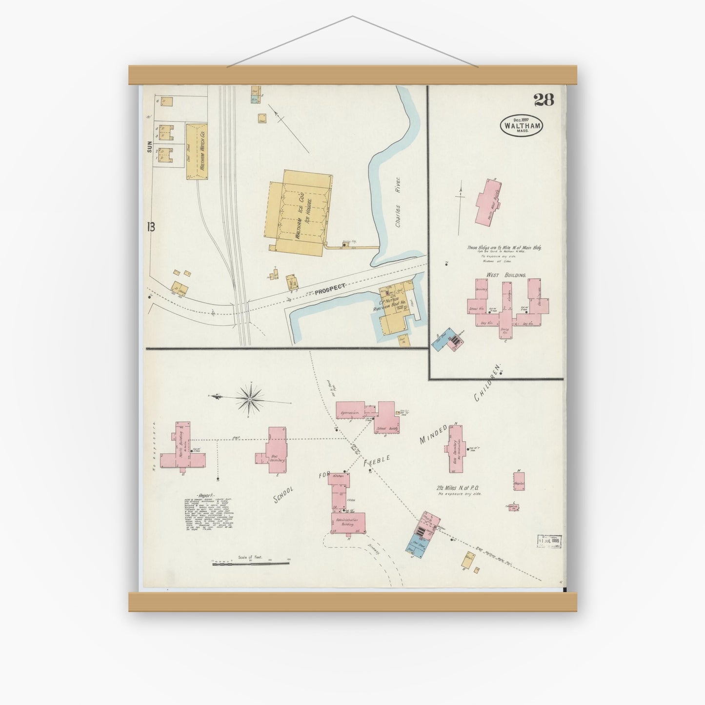 Old map wall art mockup — magnetic wood frame on white wall — Sanborn Fire Insurance Map from Waltham, Middlesex County, Massachusetts (1897), Sheet #0028