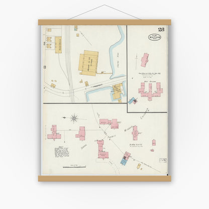 Old map wall art mockup — magnetic wood frame on white wall — Sanborn Fire Insurance Map from Waltham, Middlesex County, Massachusetts (1897), Sheet #0028