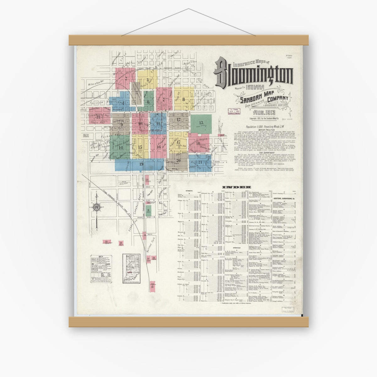 Old map wall art mockup — magnetic wood frame on white wall — Sanborn Fire Insurance Map from Bloomington, Monroe County, Indiana (1913) - Complete Map Set