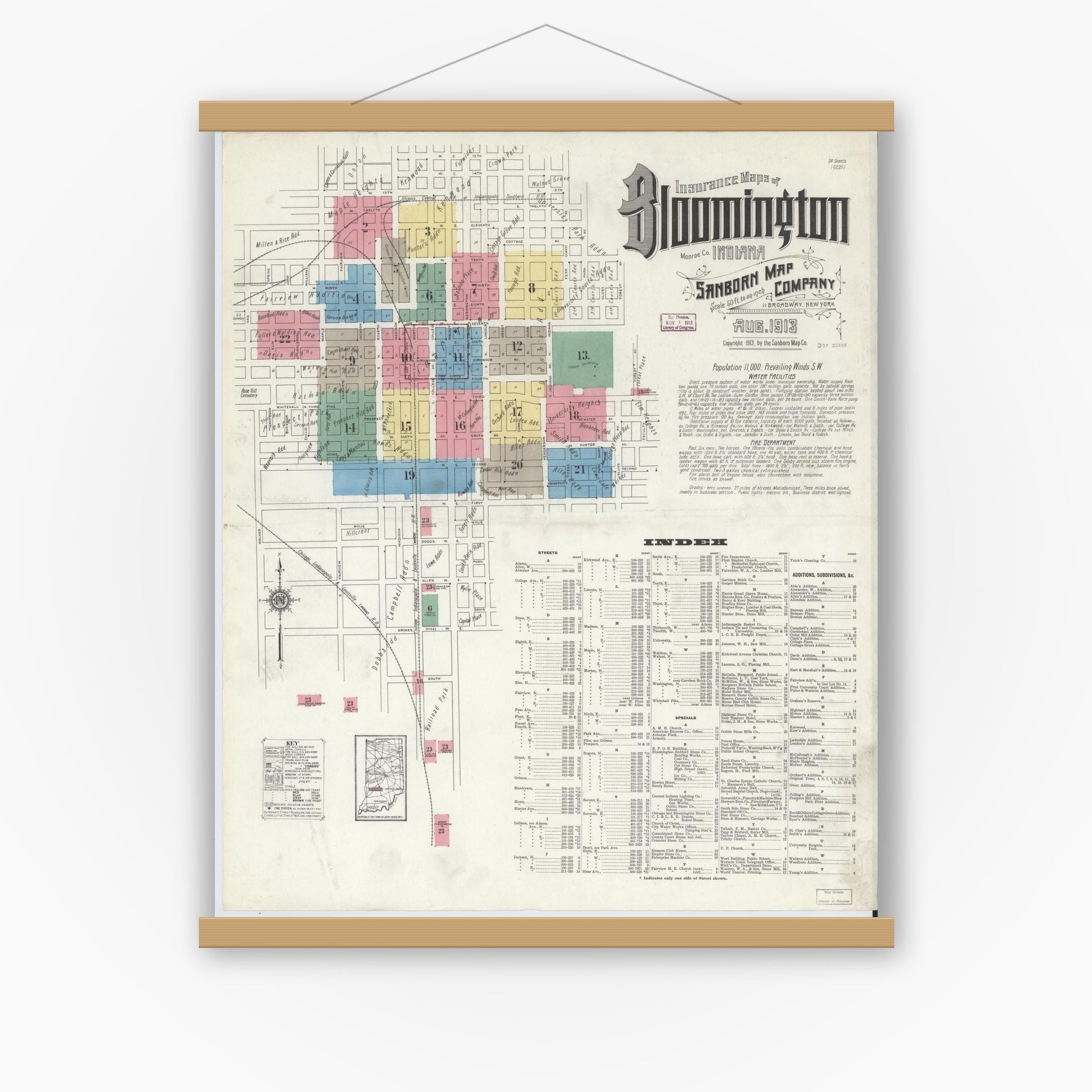 Old map wall art mockup — magnetic wood frame on white wall — Sanborn Fire Insurance Map from Bloomington, Monroe County, Indiana (1913) - Complete Map Set