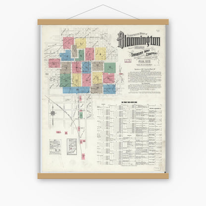 Old map wall art mockup — magnetic wood frame on white wall — Sanborn Fire Insurance Map from Bloomington, Monroe County, Indiana (1913) - Complete Map Set