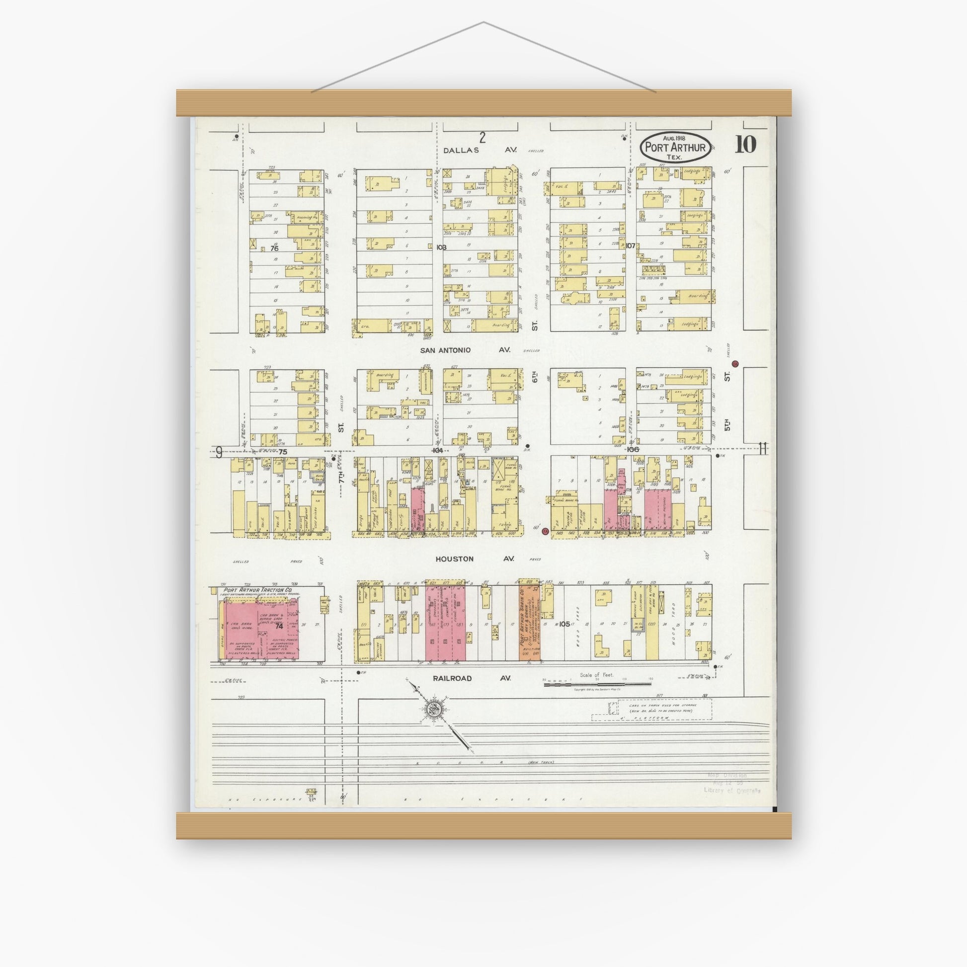 Old map wall art mockup — magnetic wood frame on white wall — Sanborn Fire Insurance Map from Port Arthur, Jefferson County, Texas (1918), Sheet #0010