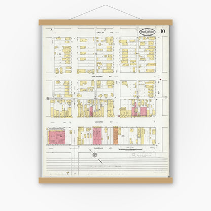 Old map wall art mockup — magnetic wood frame on white wall — Sanborn Fire Insurance Map from Port Arthur, Jefferson County, Texas (1918), Sheet #0010