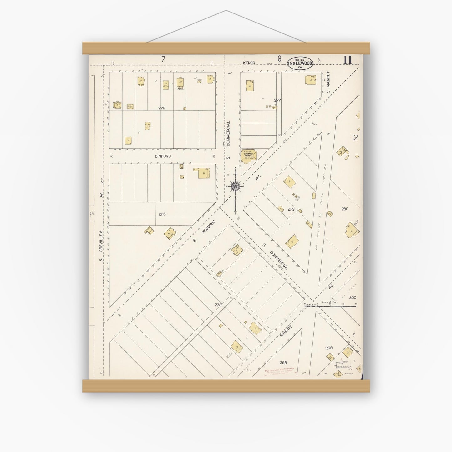 Old map wall art mockup — magnetic wood frame on white wall — Sanborn Fire Insurance Map from Inglewood, Los Angeles County, California (1912), Sheet #0011