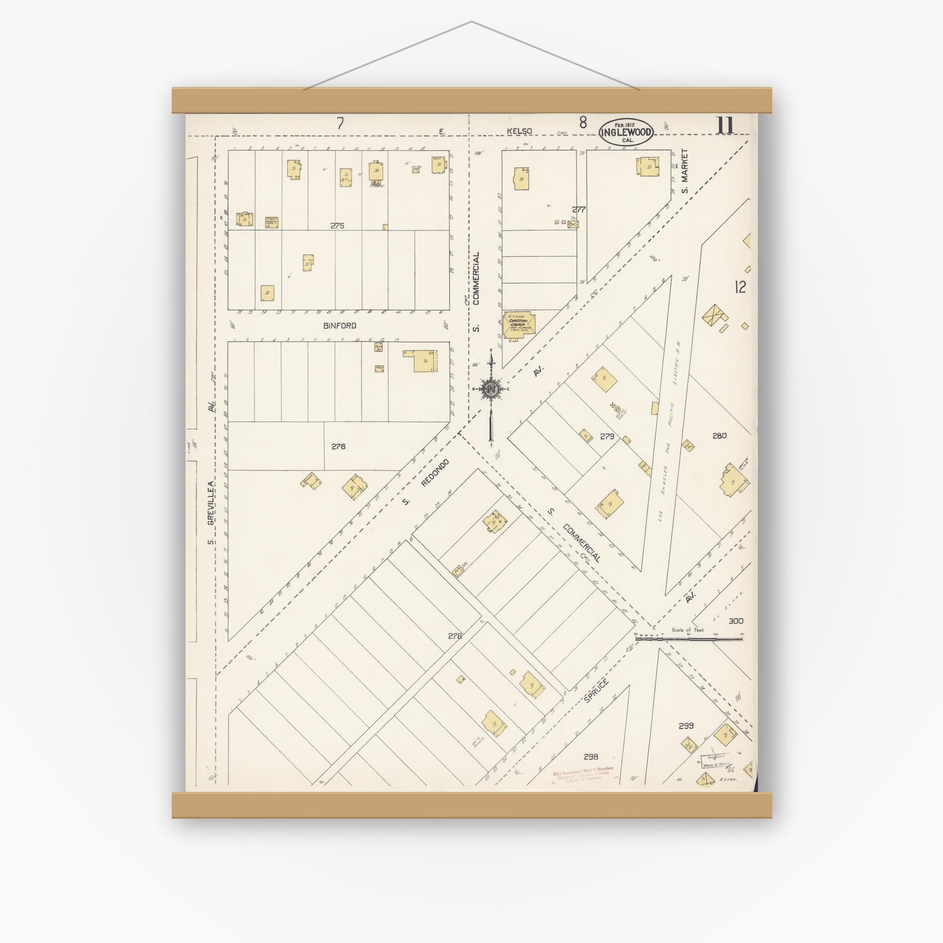 Old map wall art mockup — magnetic wood frame on white wall — Sanborn Fire Insurance Map from Inglewood, Los Angeles County, California (1912), Sheet #0011