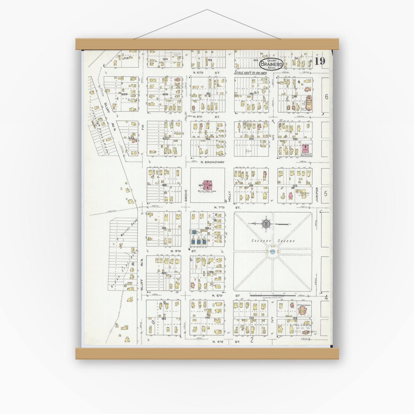 Old map wall art mockup — magnetic wood frame on white wall — Sanborn Fire Insurance Map from Brainerd, Crow Wing County, Minnesota (1917), Sheet #0019