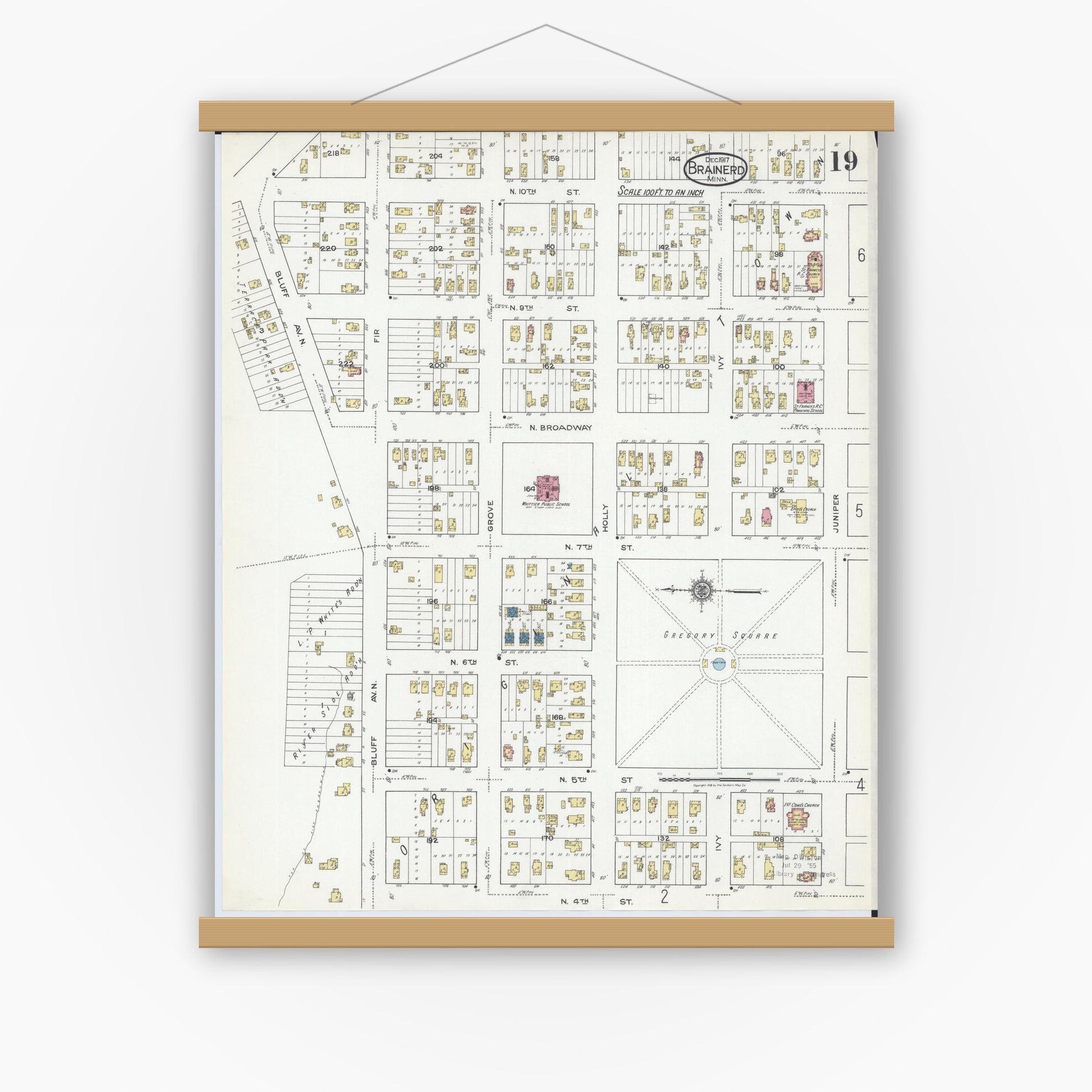 Old map wall art mockup — magnetic wood frame on white wall — Sanborn Fire Insurance Map from Brainerd, Crow Wing County, Minnesota (1917), Sheet #0019