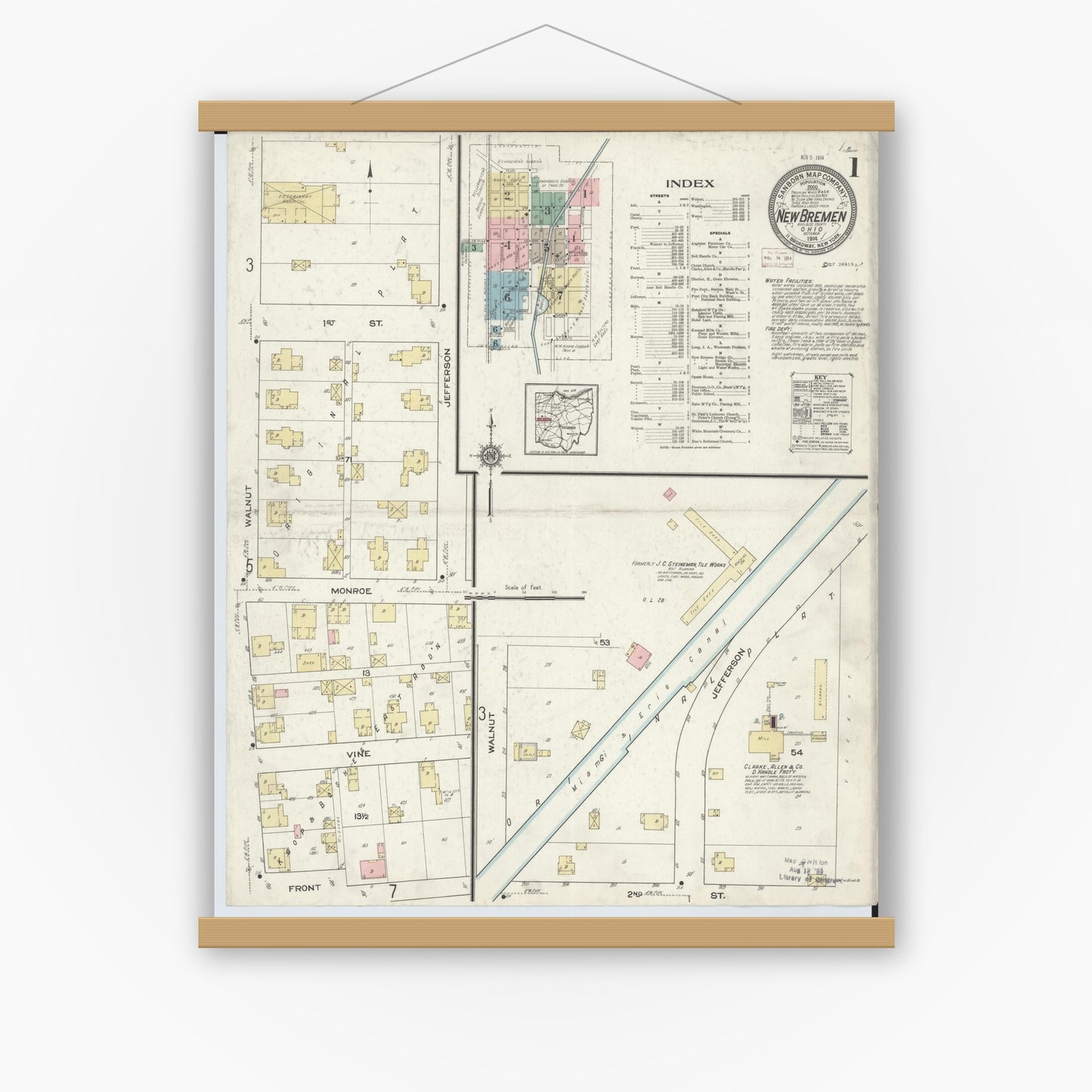 Old map wall art mockup — magnetic wood frame on white wall — Sanborn Fire Insurance Map from New Bremen, Auglaize County, Ohio (1914) - Complete Map Set
