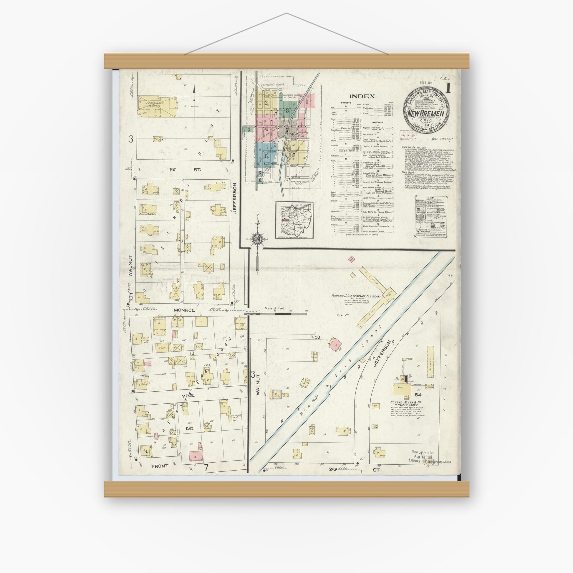 Old map wall art mockup — magnetic wood frame on white wall — Sanborn Fire Insurance Map from New Bremen, Auglaize County, Ohio (1914) - Complete Map Set