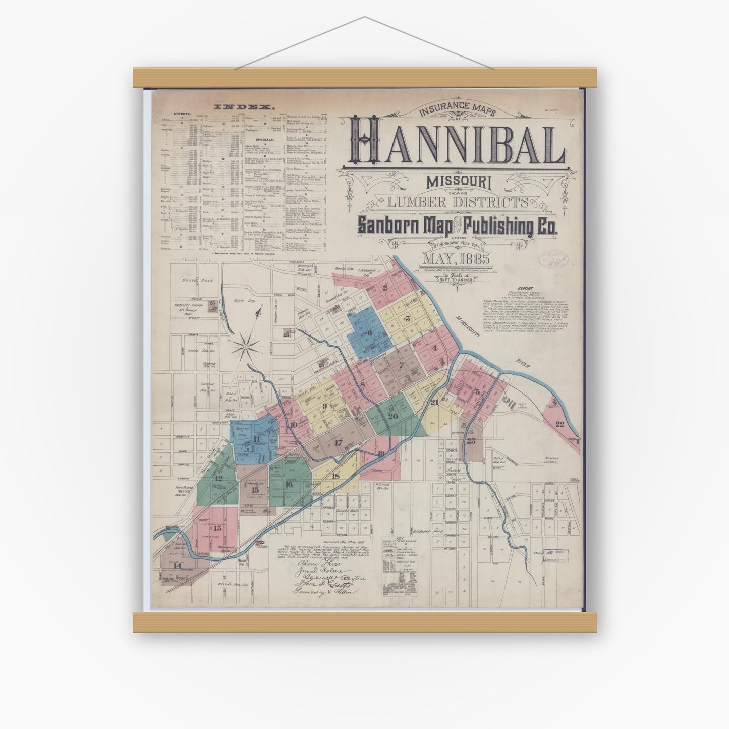 Old map wall art mockup — magnetic wood frame on white wall — Sanborn Fire Insurance Map from Hannibal, Marion County, Missouri (1885), Sheet #0001