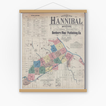 Old map wall art mockup — magnetic wood frame on white wall — Sanborn Fire Insurance Map from Hannibal, Marion County, Missouri (1885), Sheet #0001