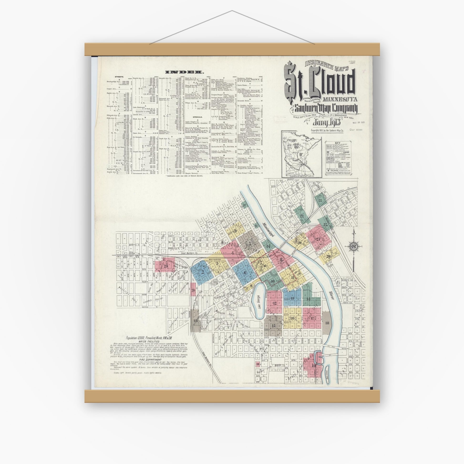 Old map wall art mockup — magnetic wood frame on white wall — Sanborn Fire Insurance Map from Saint Cloud, Stearns, Benton, and Sherburne Counties, Minnesota (1913) - Complete Map Set