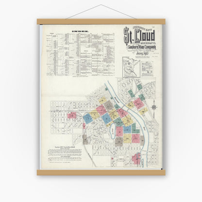 Old map wall art mockup — magnetic wood frame on white wall — Sanborn Fire Insurance Map from Saint Cloud, Stearns, Benton, and Sherburne Counties, Minnesota (1913) - Complete Map Set