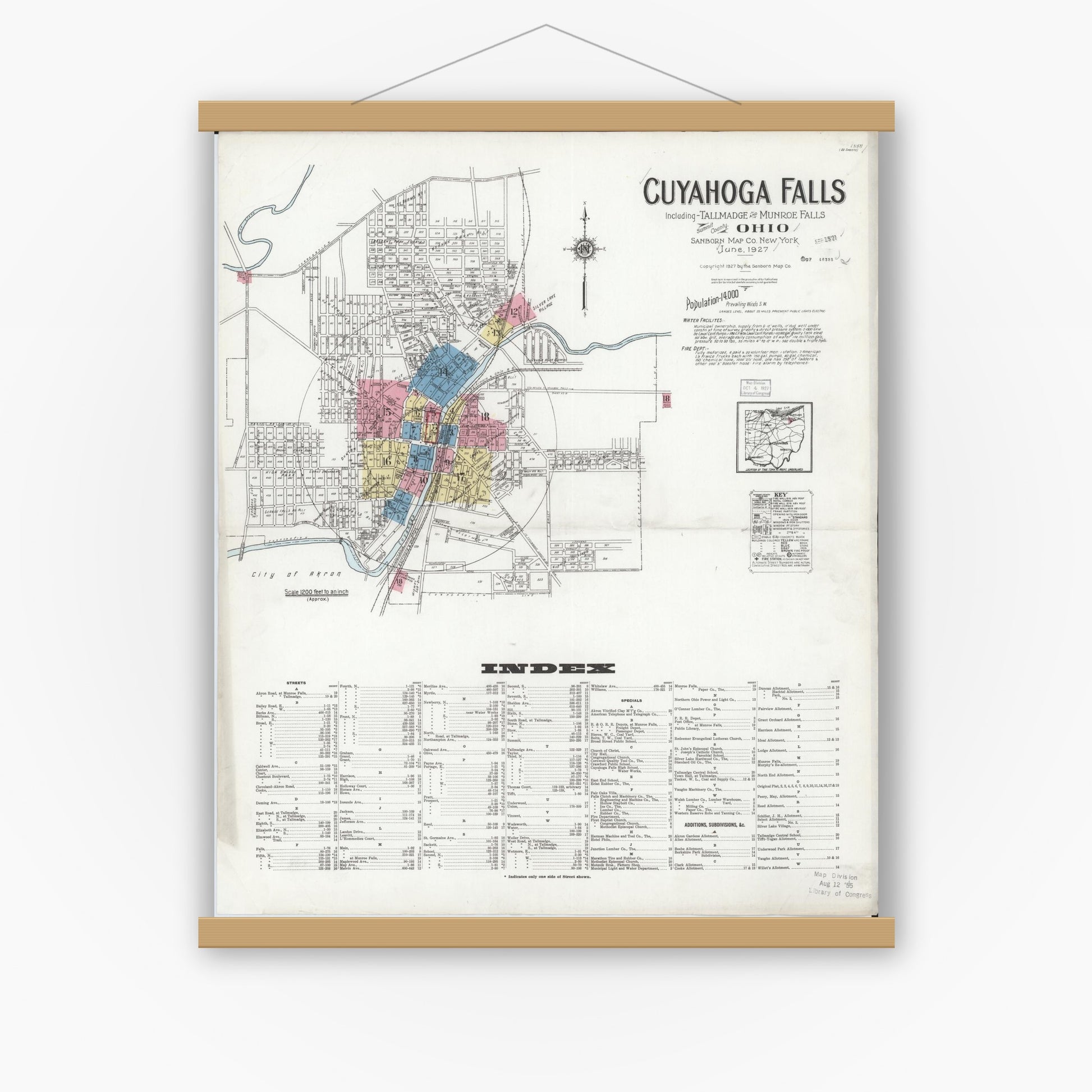 Old map wall art mockup — magnetic wood frame on white wall — Sanborn Fire Insurance Map from Cuyahoga Falls, Summit County, Ohio (1927) - Complete Map Set