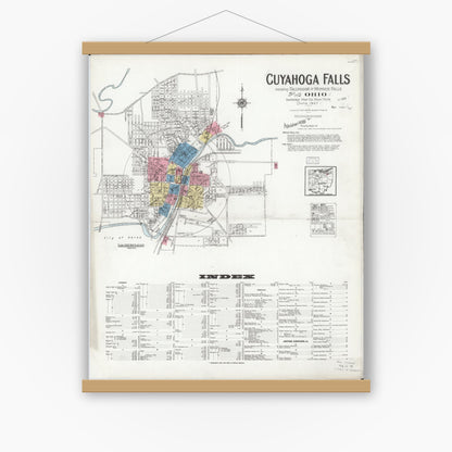 Old map wall art mockup — magnetic wood frame on white wall — Sanborn Fire Insurance Map from Cuyahoga Falls, Summit County, Ohio (1927) - Complete Map Set