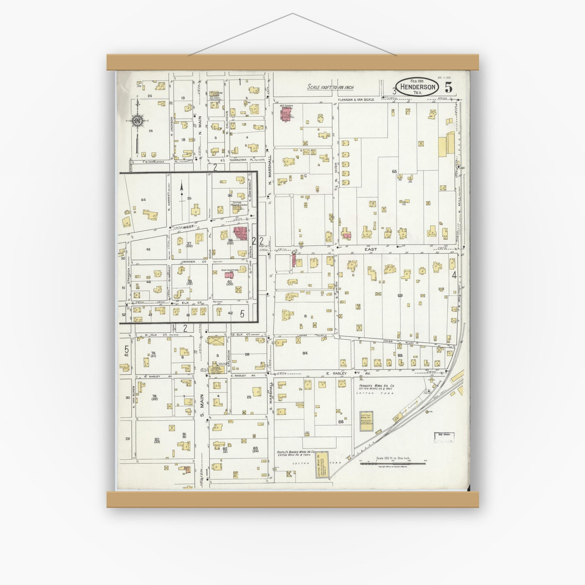 Old map wall art mockup — magnetic wood frame on white wall — Sanborn Fire Insurance Map from Henderson, Rusk County, Texas (1919), Sheet #0005