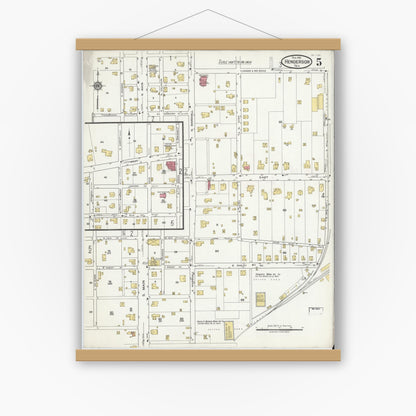Old map wall art mockup — magnetic wood frame on white wall — Sanborn Fire Insurance Map from Henderson, Rusk County, Texas (1919), Sheet #0005