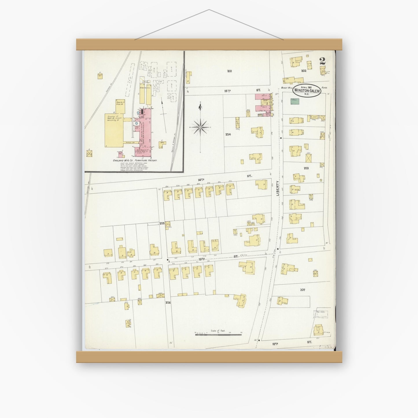 Old map wall art mockup — magnetic wood frame on white wall — Sanborn Fire Insurance Map from Winston-Salem, Forsyth County, North Carolina (1907), Sheet #0002