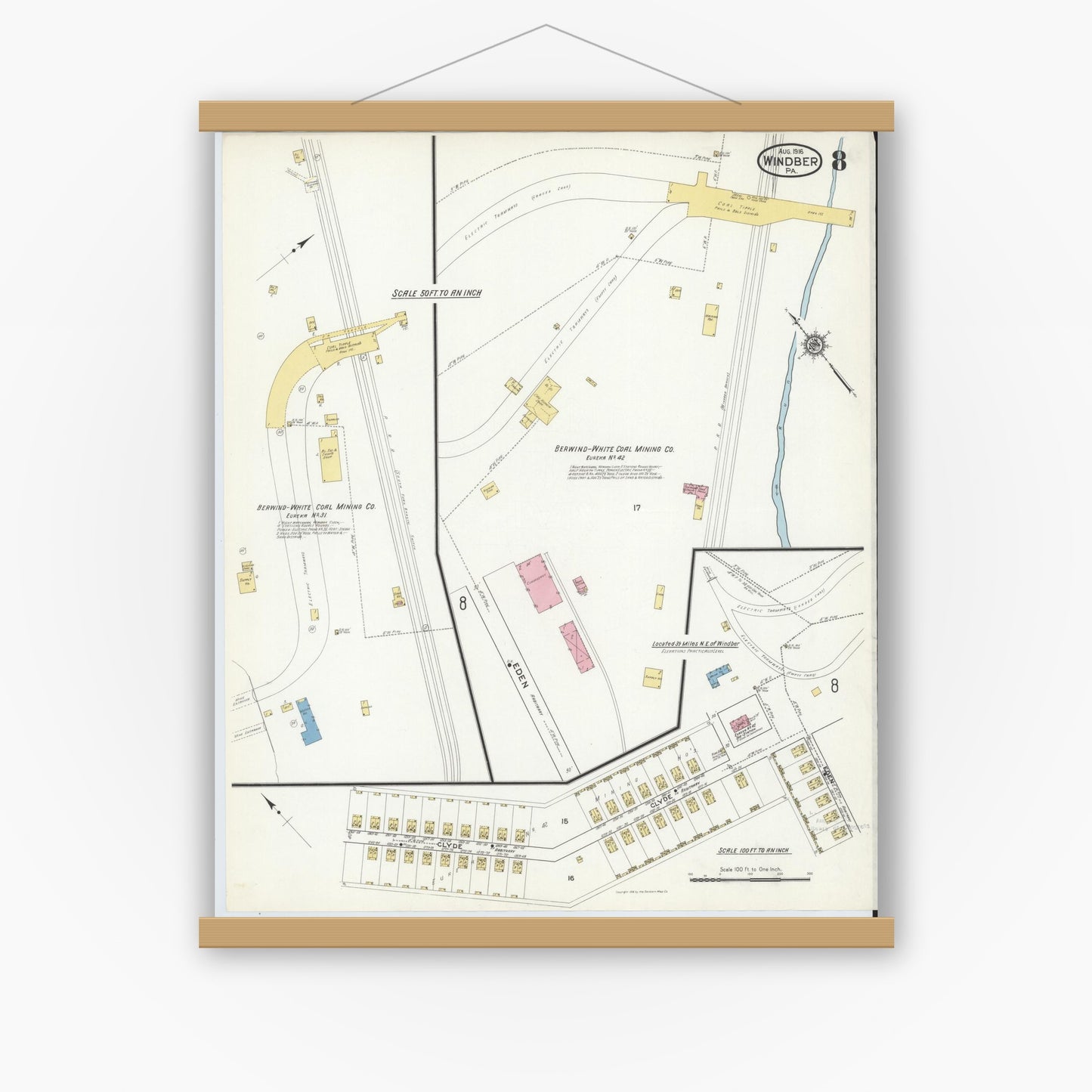 Old map wall art mockup — magnetic wood frame on white wall — Sanborn Fire Insurance Map from Windber, Somerset County, Pennsylvania (1916), Sheet #0008