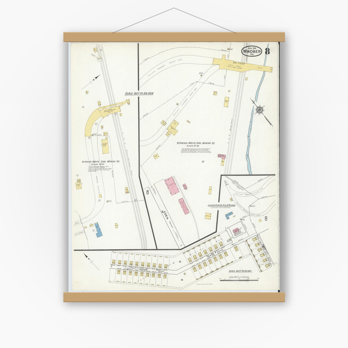 Old map wall art mockup — magnetic wood frame on white wall — Sanborn Fire Insurance Map from Windber, Somerset County, Pennsylvania (1916), Sheet #0008