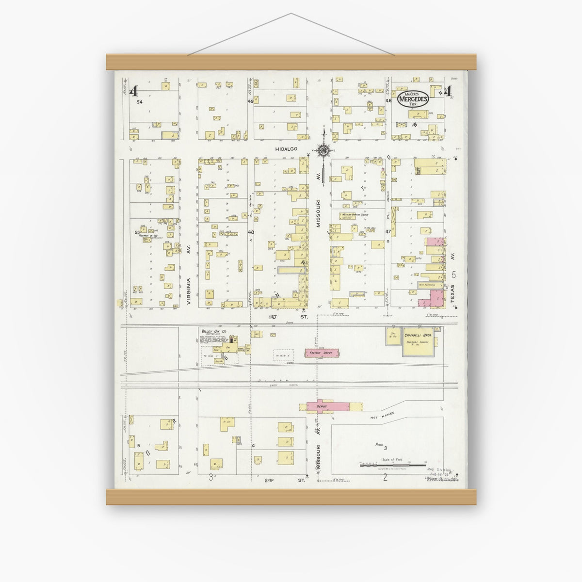 Old map wall art mockup — magnetic wood frame on white wall — Sanborn Fire Insurance Map from Mercedes, Hidalgo County, Texas (1925), Sheet #0004