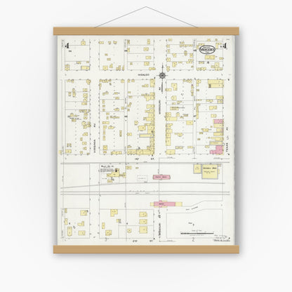 Old map wall art mockup — magnetic wood frame on white wall — Sanborn Fire Insurance Map from Mercedes, Hidalgo County, Texas (1925), Sheet #0004