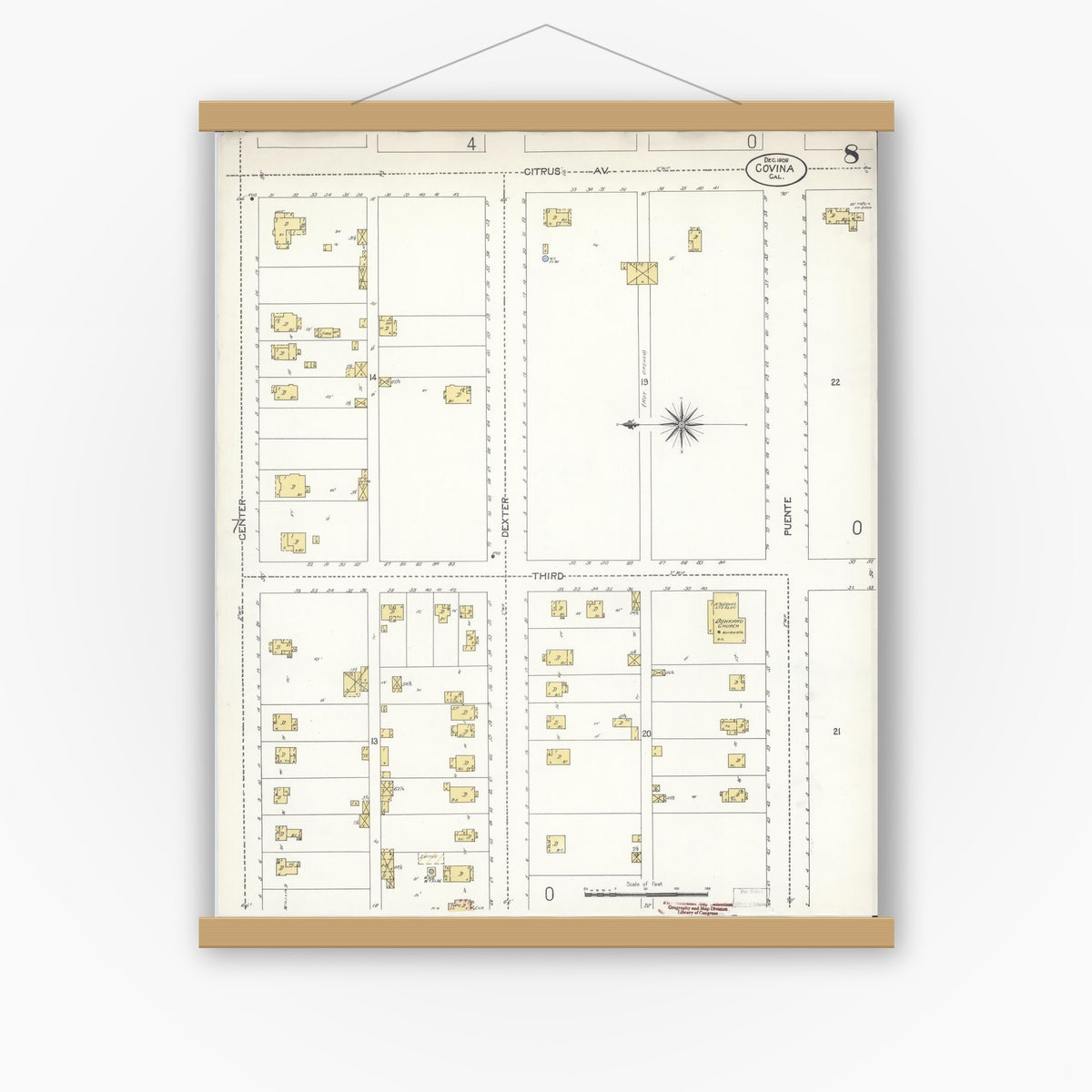 Old map wall art mockup — magnetic wood frame on white wall — Sanborn Fire Insurance Map from Covina, Los Angeles County, California (1906), Sheet #0008