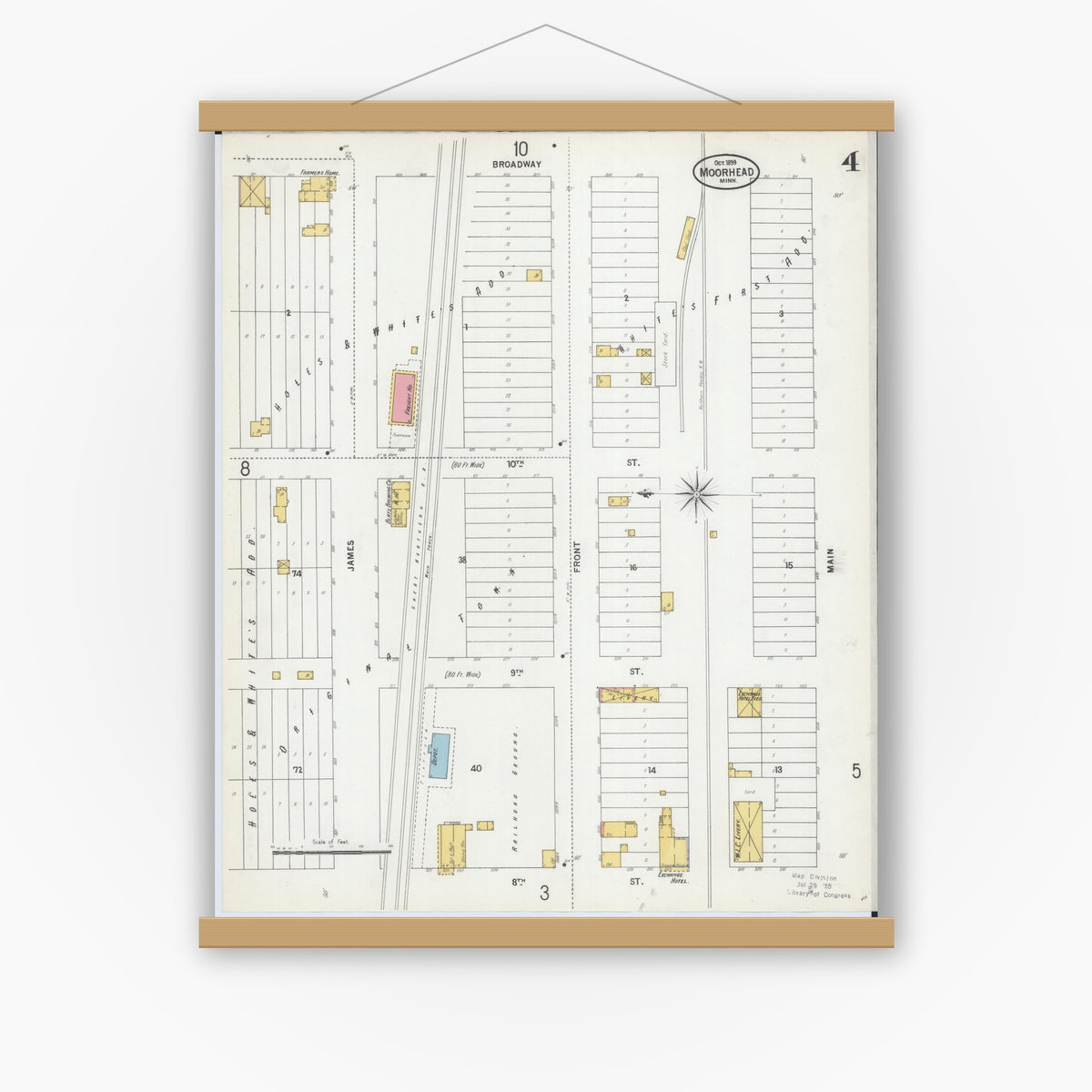 Old map wall art mockup — magnetic wood frame on white wall — Sanborn Fire Insurance Map from Moorhead, Clay County, Minnesota (1899), Sheet #0004