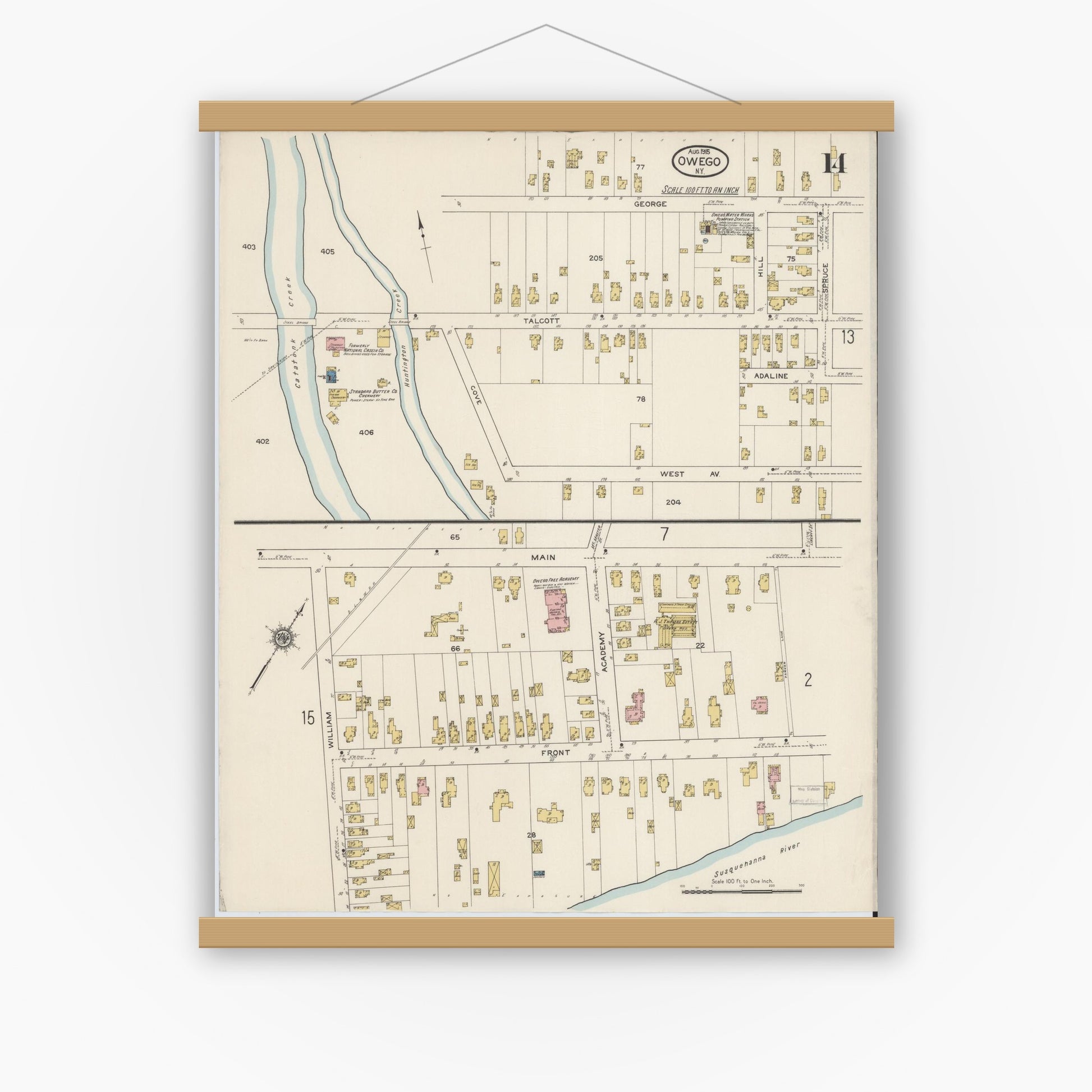 Old map wall art mockup — magnetic wood frame on white wall — Sanborn Fire Insurance Map from Owego, Tioga County, New York (1915), Sheet #0014