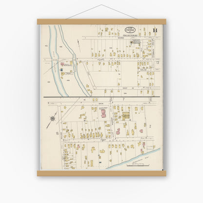 Old map wall art mockup — magnetic wood frame on white wall — Sanborn Fire Insurance Map from Owego, Tioga County, New York (1915), Sheet #0014