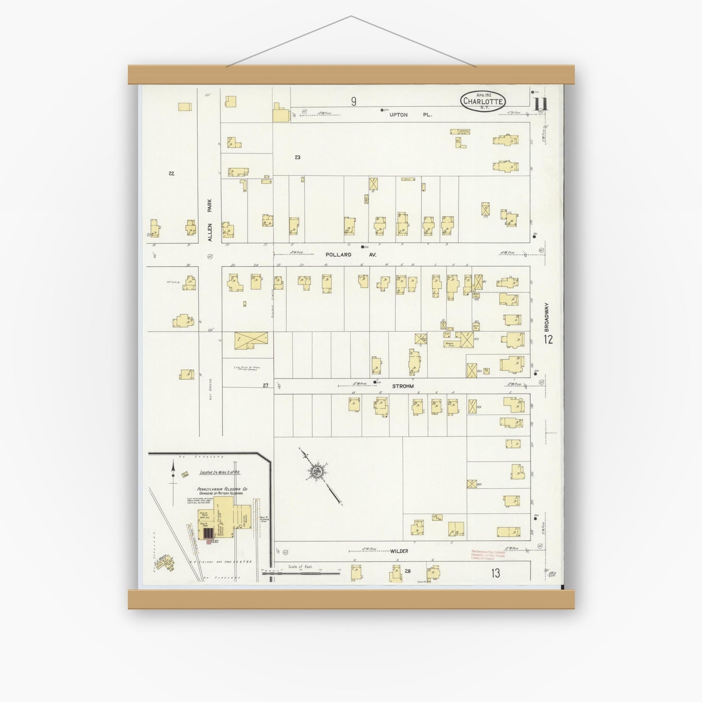 Old map wall art mockup — magnetic wood frame on white wall — Sanborn Fire Insurance Map from Charlotte, Monroe County, New York (1912), Sheet #0011