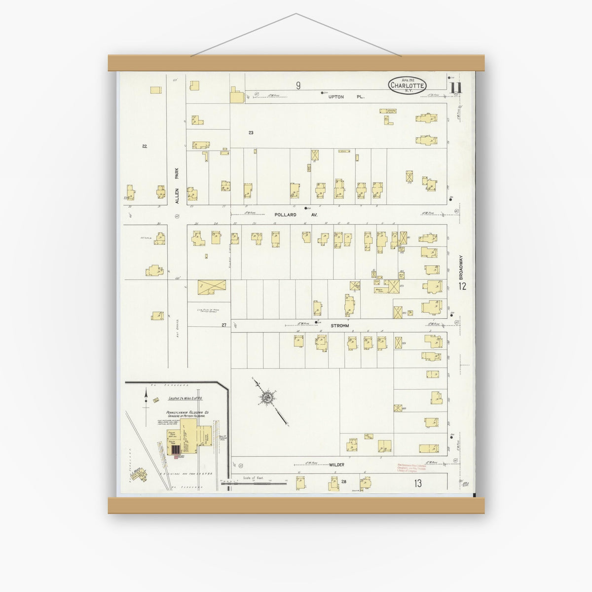 Old map wall art mockup — magnetic wood frame on white wall — Sanborn Fire Insurance Map from Charlotte, Monroe County, New York (1912), Sheet #0011