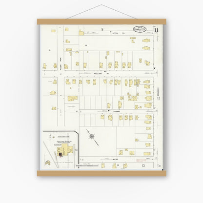 Old map wall art mockup — magnetic wood frame on white wall — Sanborn Fire Insurance Map from Charlotte, Monroe County, New York (1912), Sheet #0011