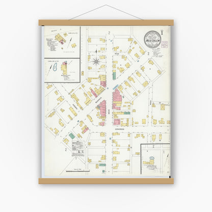 Old map wall art mockup — magnetic wood frame on white wall — Sanborn Fire Insurance Map from West Salem, Wayne County, Ohio (1904), Sheet #0001