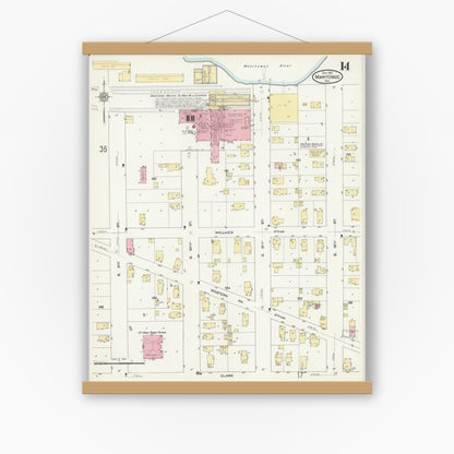 Old map wall art mockup — magnetic wood frame on white wall — Sanborn Fire Insurance Map from Manitowoc, Manitowoc County, Wisconsin (1912), Sheet #0014