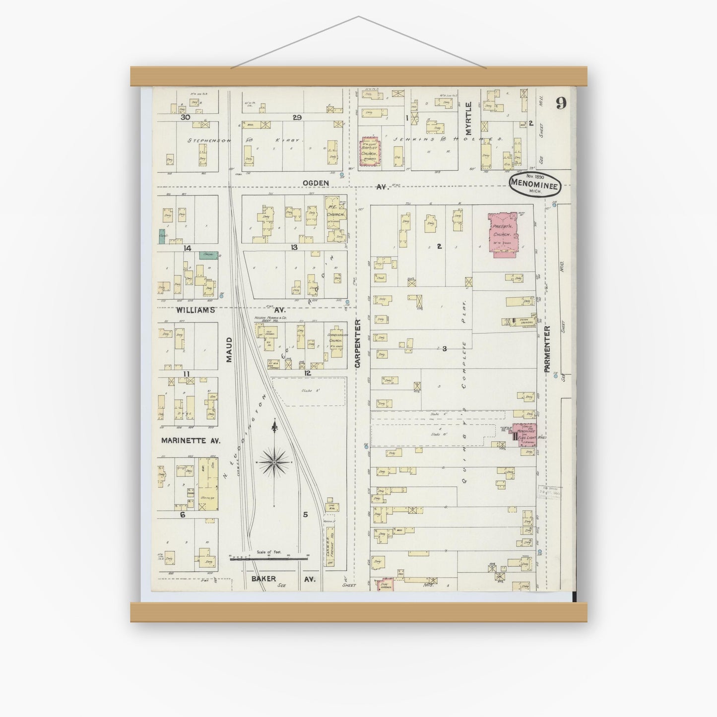 Old map wall art mockup — magnetic wood frame on white wall — Sanborn Fire Insurance Map from Menominee, Menominee County, Michigan (1890), Sheet #0009