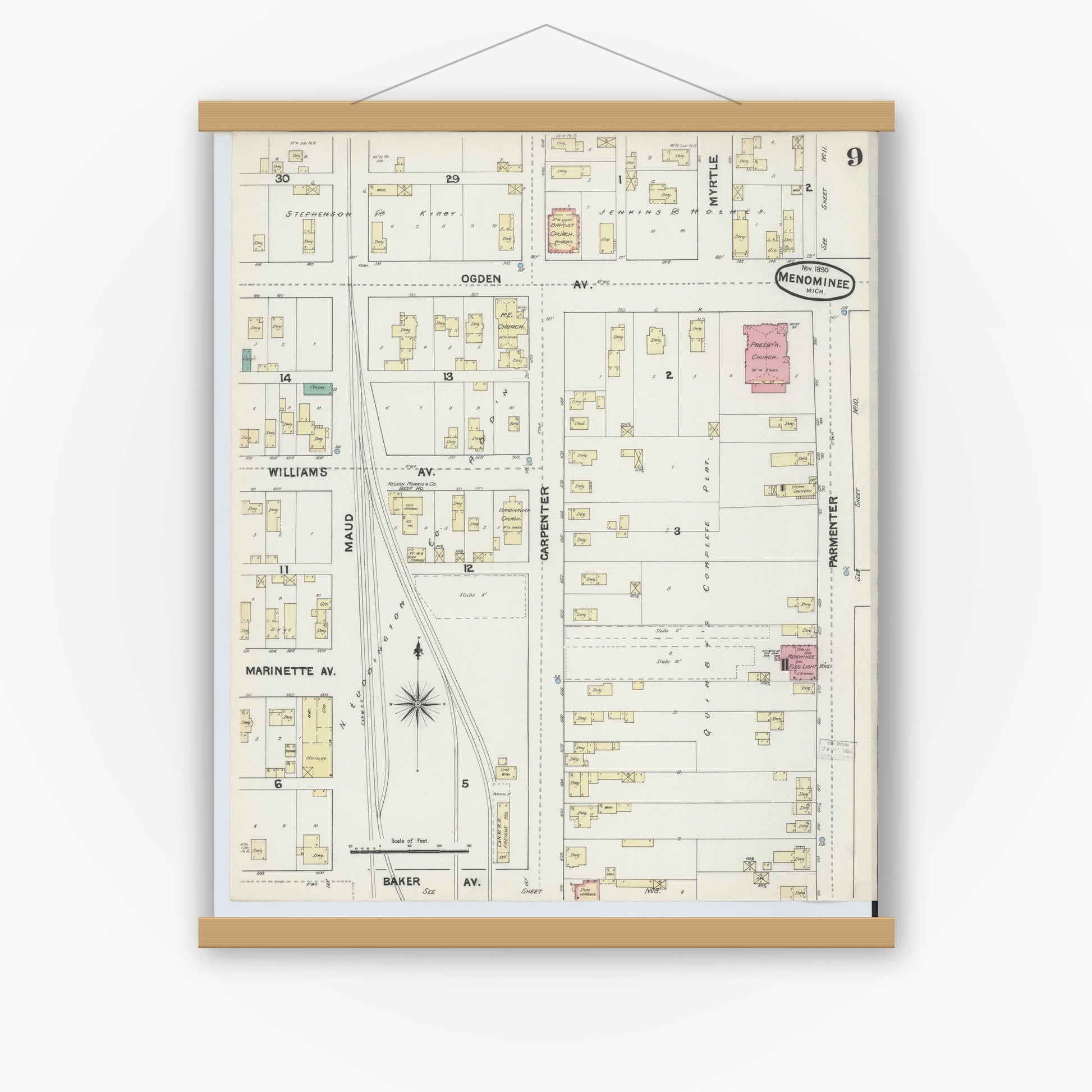 Old map wall art mockup — magnetic wood frame on white wall — Sanborn Fire Insurance Map from Menominee, Menominee County, Michigan (1890), Sheet #0009