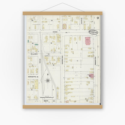 Old map wall art mockup — magnetic wood frame on white wall — Sanborn Fire Insurance Map from Menominee, Menominee County, Michigan (1890), Sheet #0009