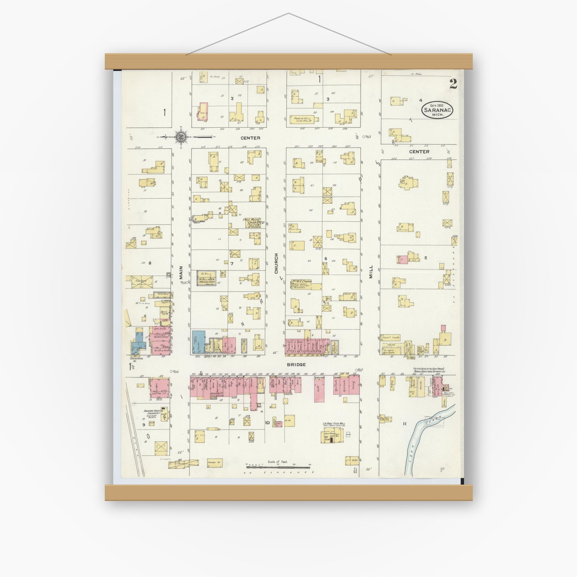 Old map wall art mockup — magnetic wood frame on white wall — Sanborn Fire Insurance Map from Saranac, Ionia County, Michigan (1910), Sheet #0002