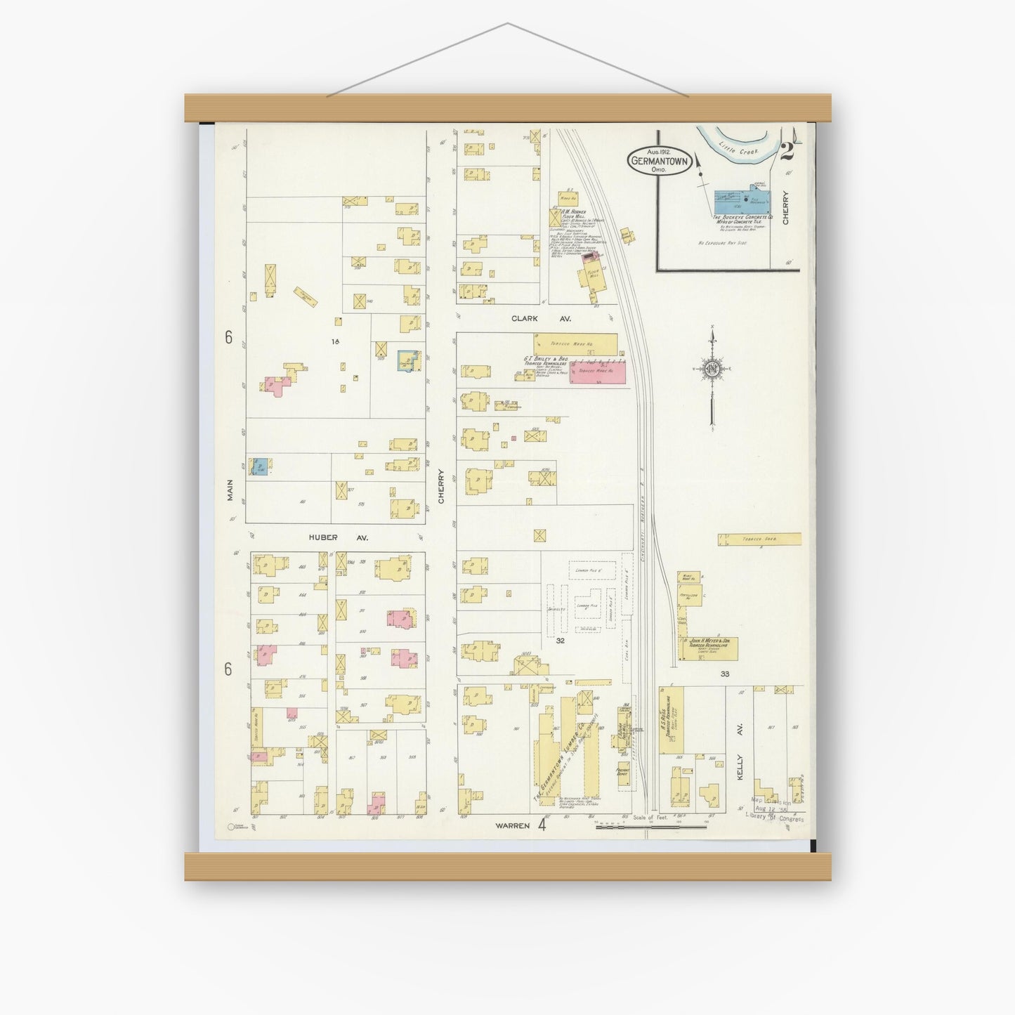 Old map wall art mockup — magnetic wood frame on white wall — Sanborn Fire Insurance Map from Germantown, Montgomery County, Ohio (1912), Sheet #0002