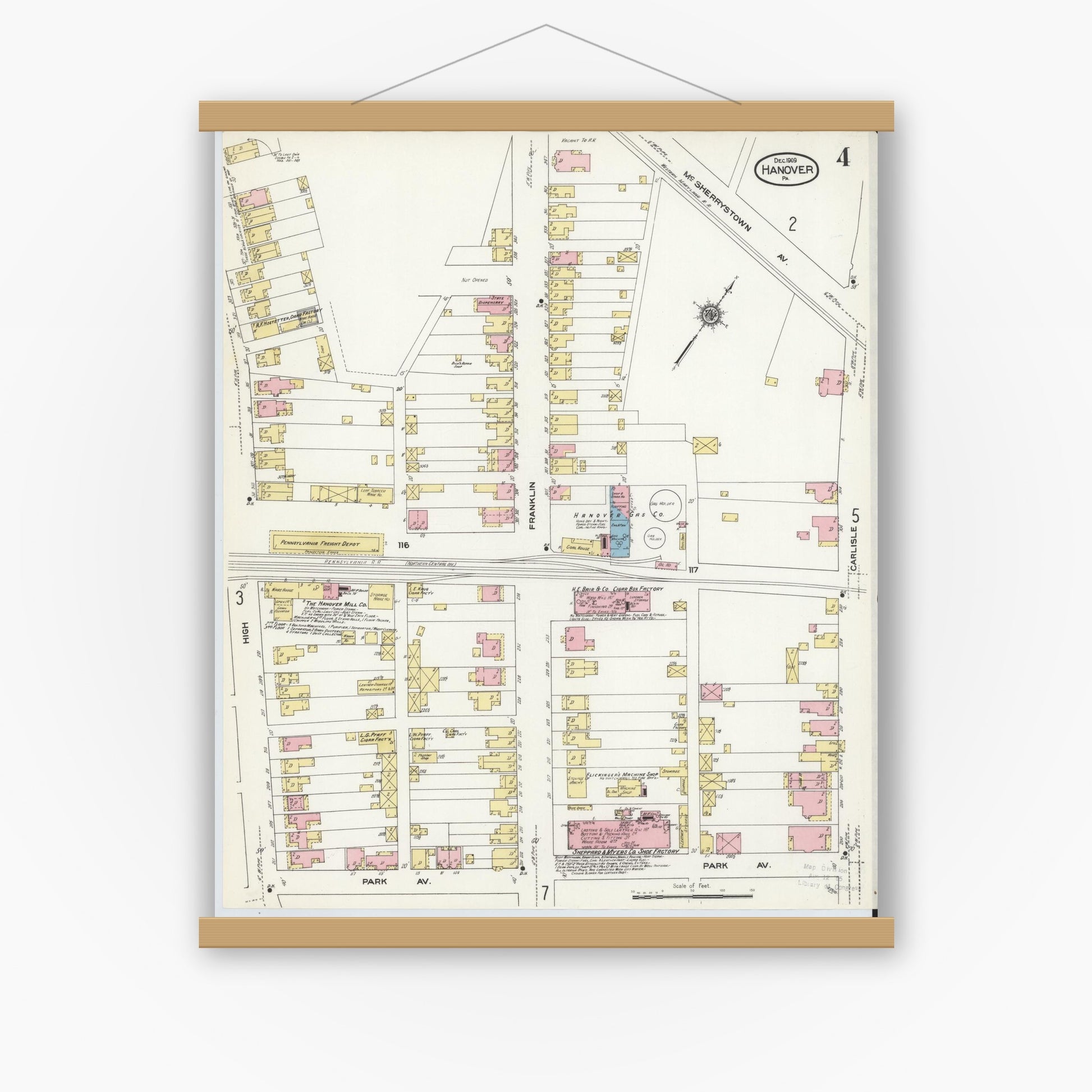 Old map wall art mockup — magnetic wood frame on white wall — Sanborn Fire Insurance Map from Hanover, York County, Pennsylvania (1909), Sheet #0004