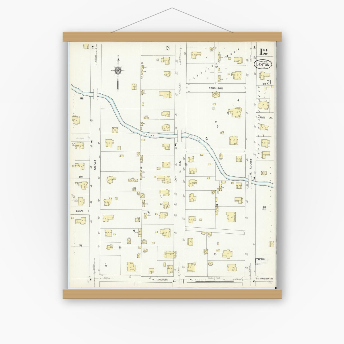 Old map wall art mockup — magnetic wood frame on white wall — Sanborn Fire Insurance Map from Denton, Denton County, Texas (1912), Sheet #0012