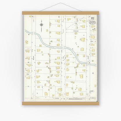 Old map wall art mockup — magnetic wood frame on white wall — Sanborn Fire Insurance Map from Denton, Denton County, Texas (1912), Sheet #0012