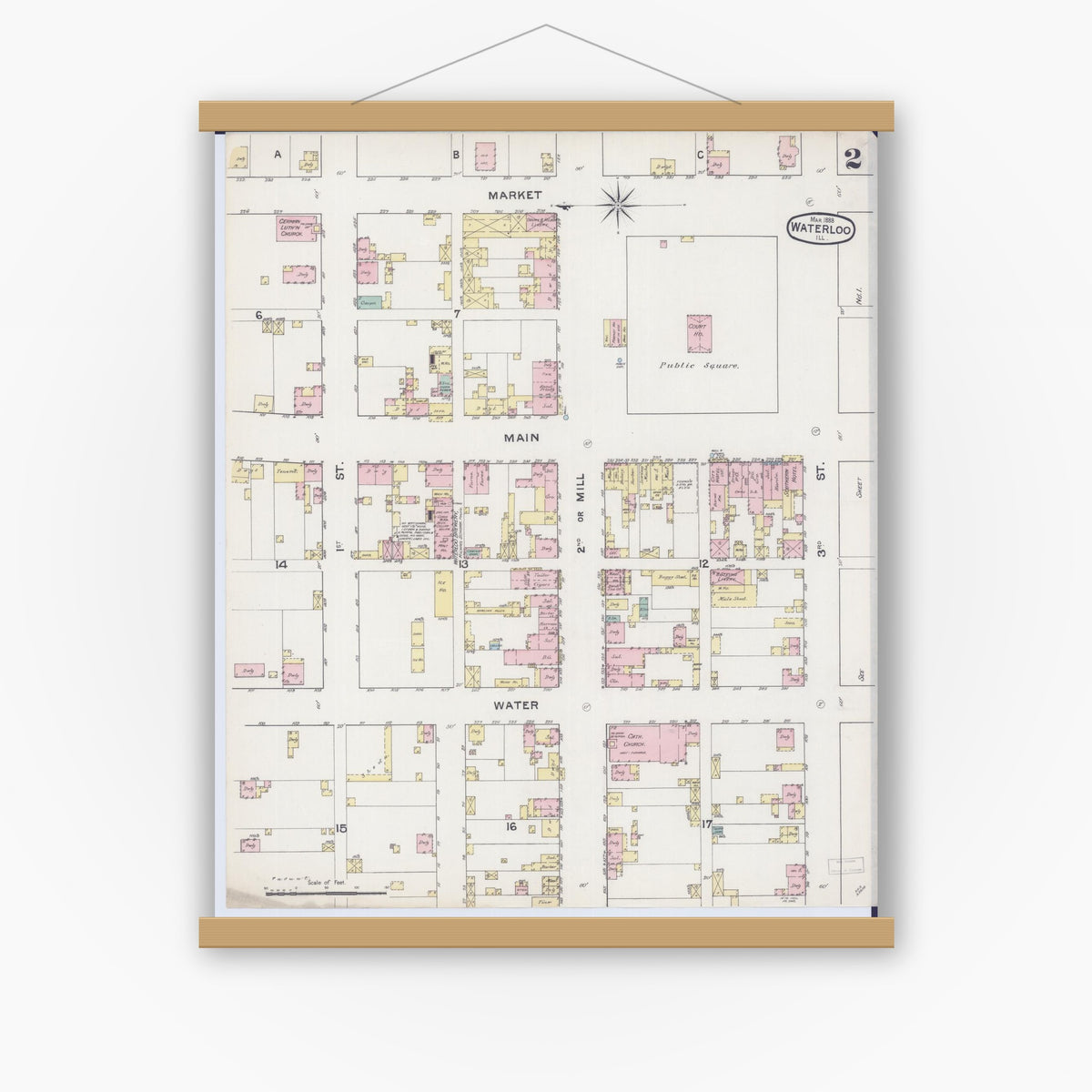 Old map wall art mockup — magnetic wood frame on white wall — Sanborn Fire Insurance Map from Waterloo, Monroe County, Illinois (1888), Sheet #0002