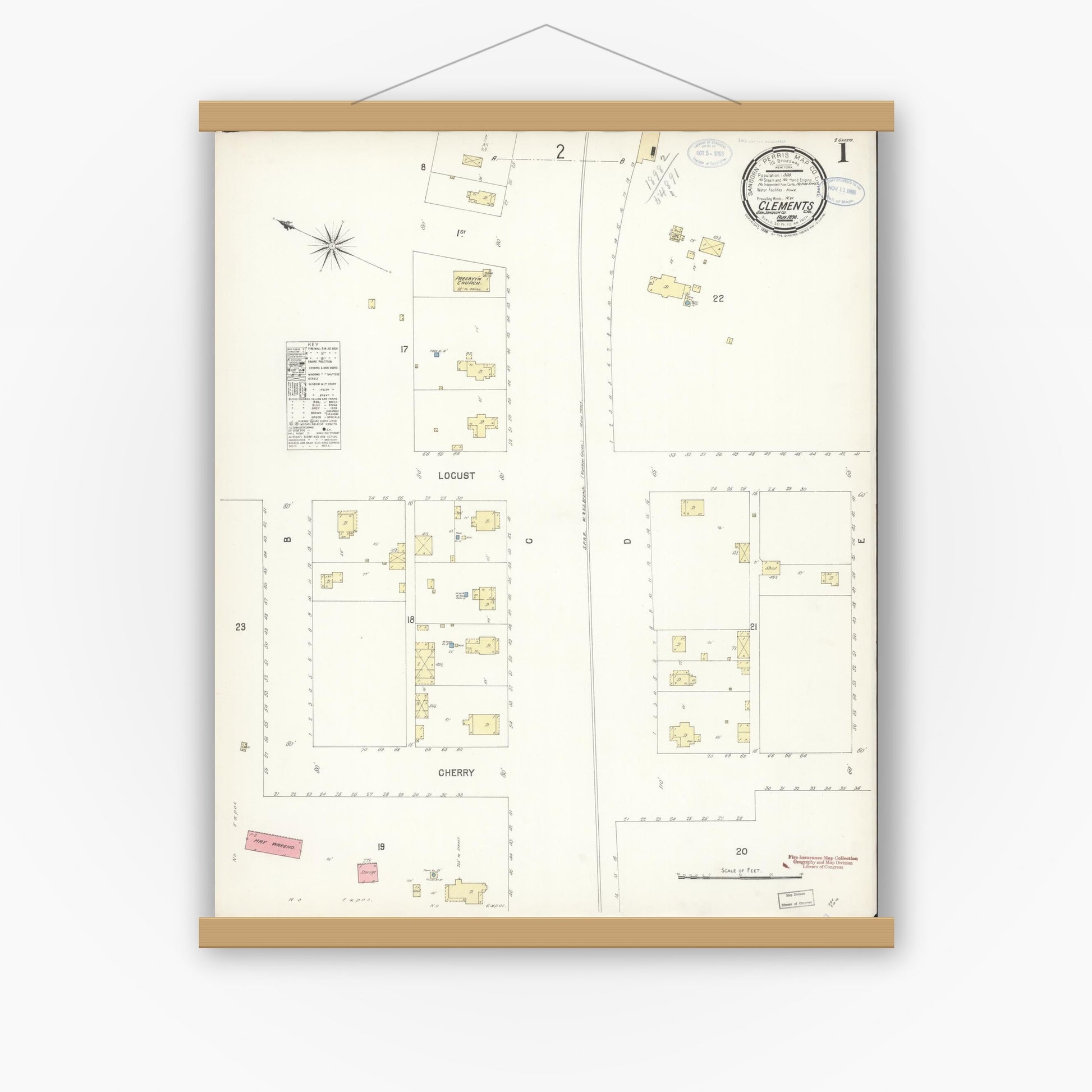 Old map wall art mockup — magnetic wood frame on white wall — Sanborn Fire Insurance Map from Clements, San Joaquin County, California (1898) - Complete Map Set