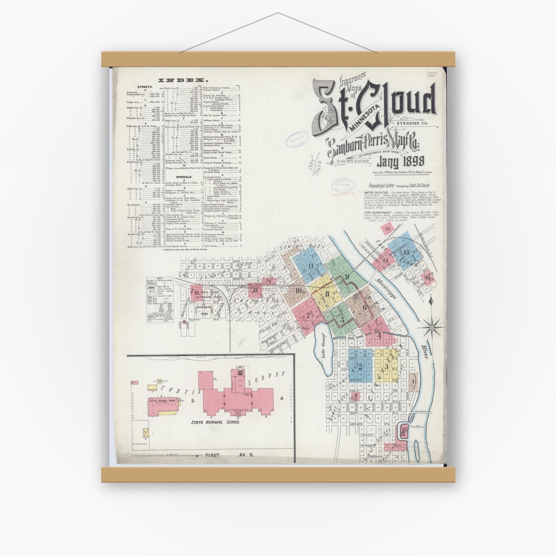 Old map wall art mockup — magnetic wood frame on white wall — Sanborn Fire Insurance Map from Saint Cloud, Stearns, Benton, and Sherburne Counties, Minnesota (1898) - Complete Map Set