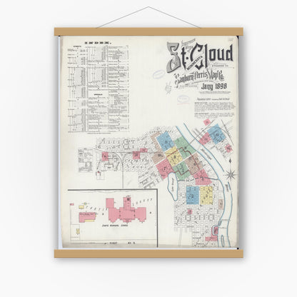 Old map wall art mockup — magnetic wood frame on white wall — Sanborn Fire Insurance Map from Saint Cloud, Stearns, Benton, and Sherburne Counties, Minnesota (1898) - Complete Map Set