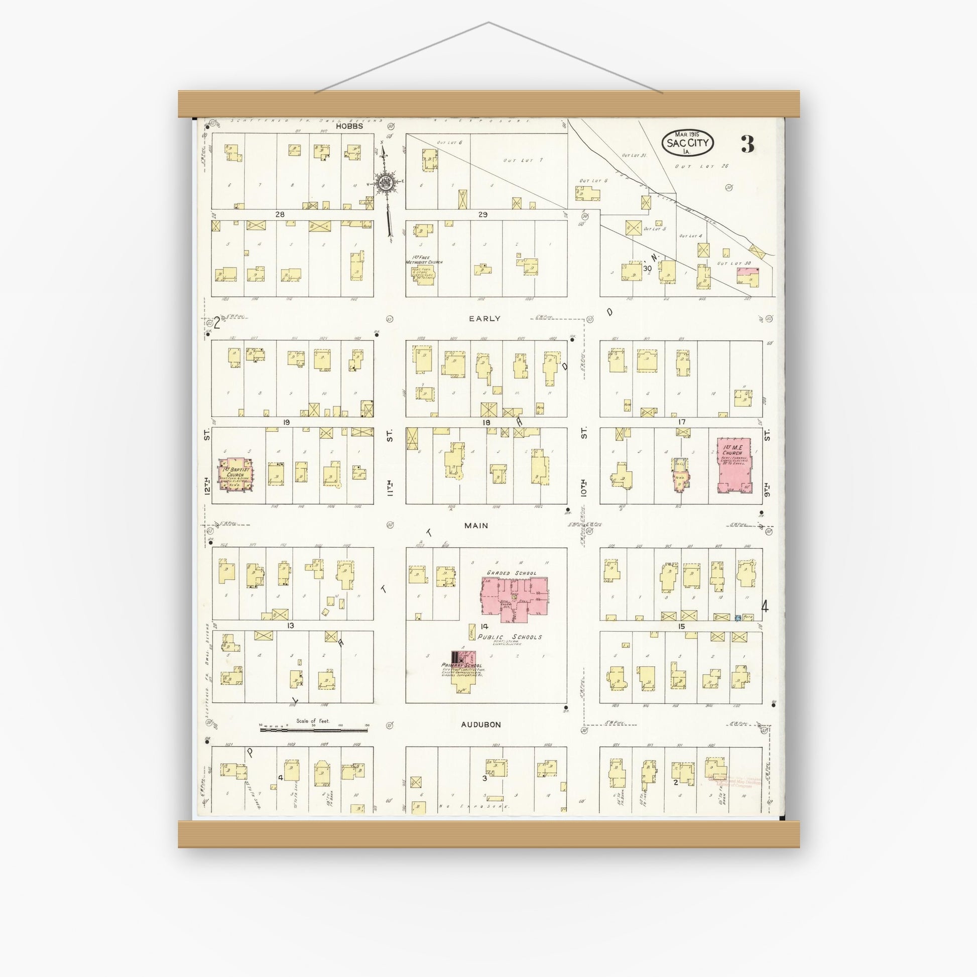 Old map wall art mockup — magnetic wood frame on white wall — Sanborn Fire Insurance Map from Sac City, Sac County, Iowa (1915), Sheet #0003