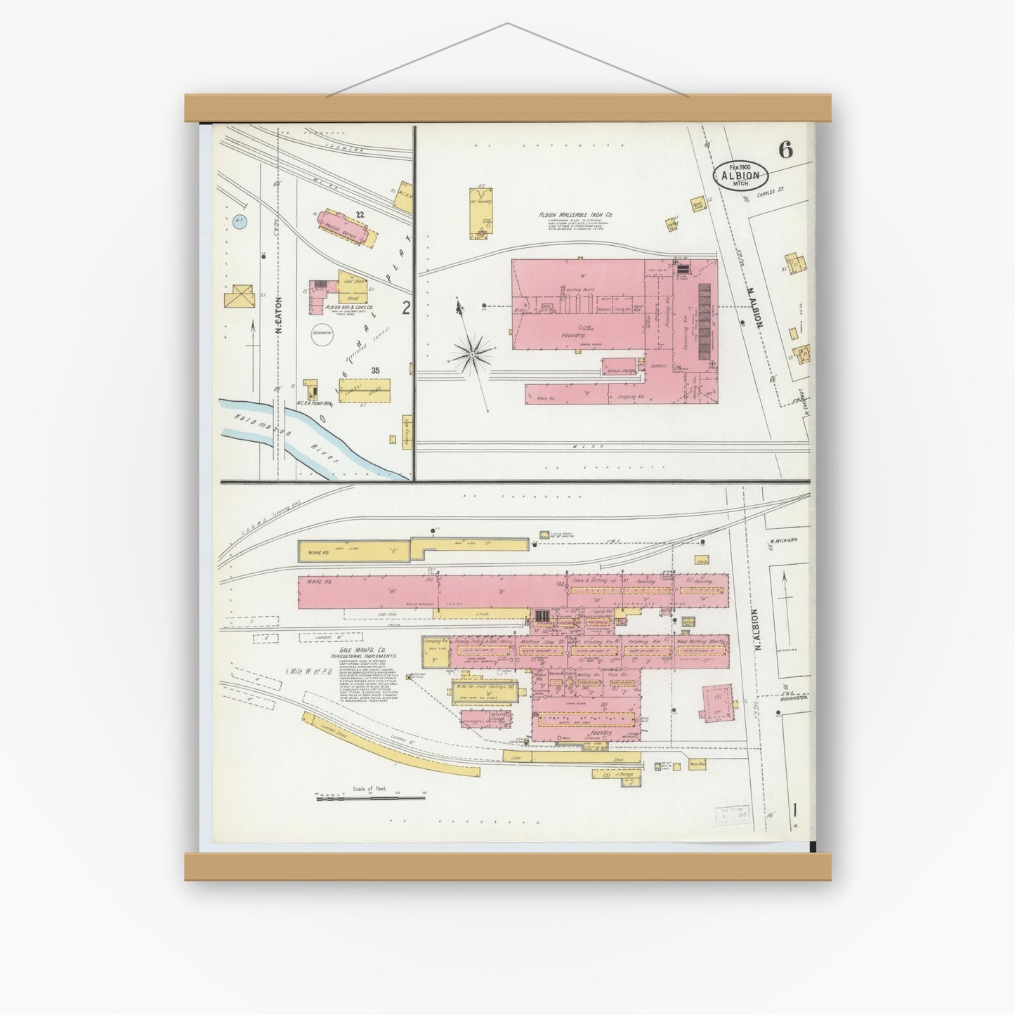 Old map wall art mockup — magnetic wood frame on white wall — Sanborn Fire Insurance Map from Albion, Calhoun County, Michigan (1900), Sheet #0006